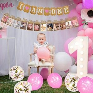 40pcs 1st Birthday Girl Party Supplies Monthly Photo Banner Confetti Balloons